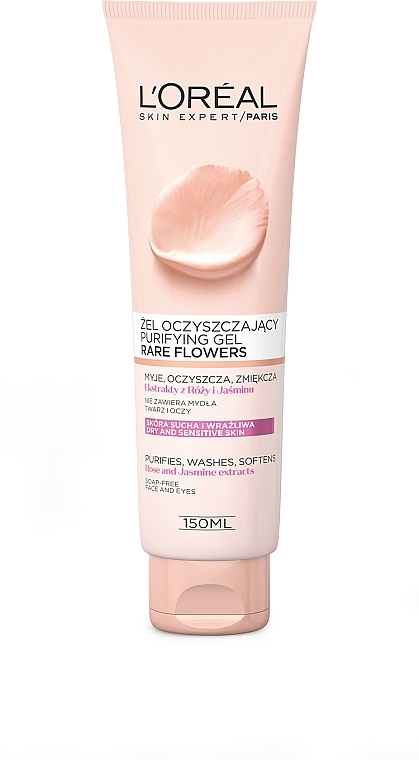 Gesichtsreinigungsgel mit Rosen- und Jasminextrakt für trockene und empfindliche Haut - L'Oreal Paris Rare Flowers Puryfaing Gel Dry and Sensative Skin