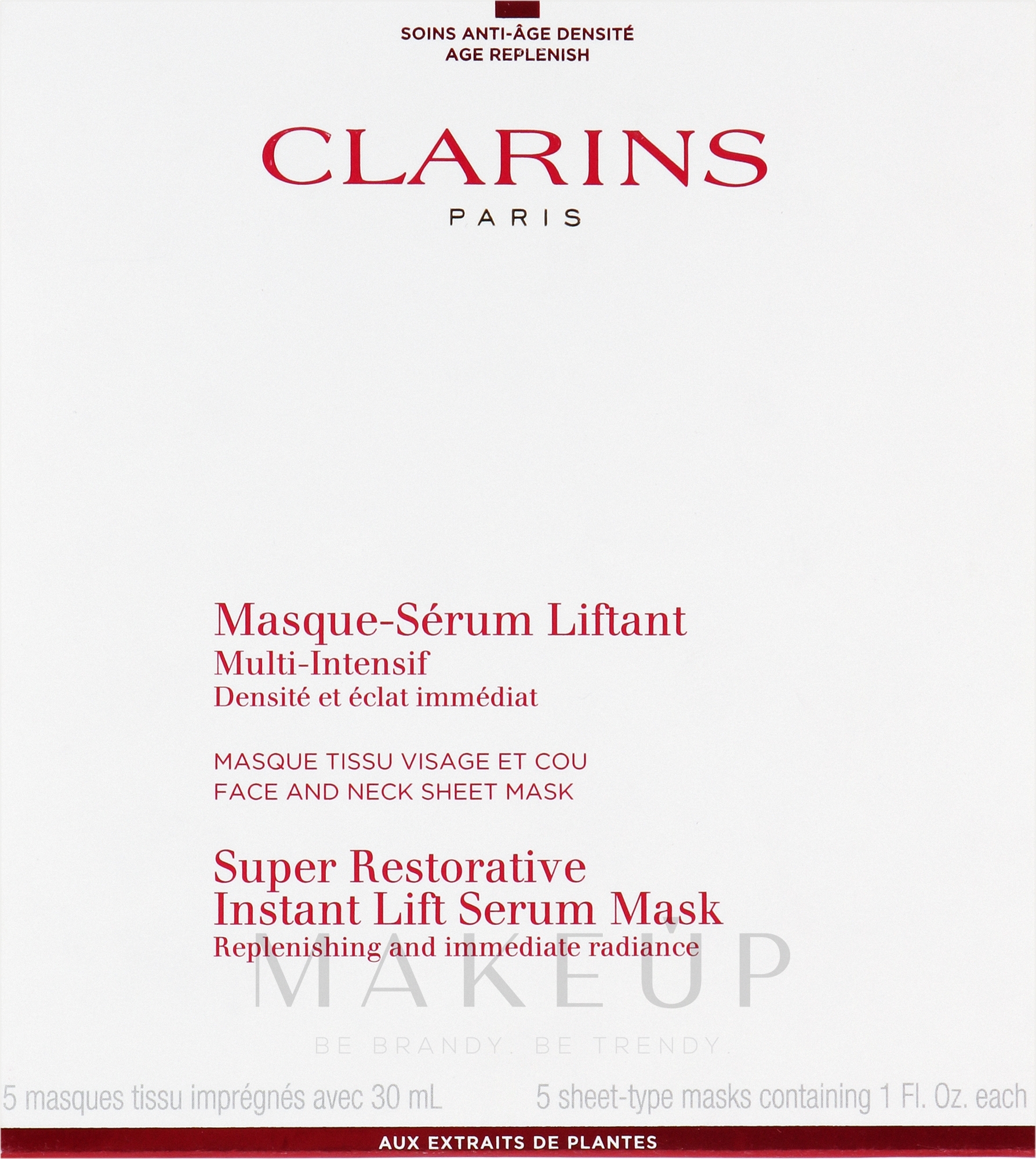Vliesmaske mit Glättungs- und Auffüllungseffekt für Gesicht und Hals - Clarins Restorative Instant Lift Serum Mask — Bild 5 x 30 ml