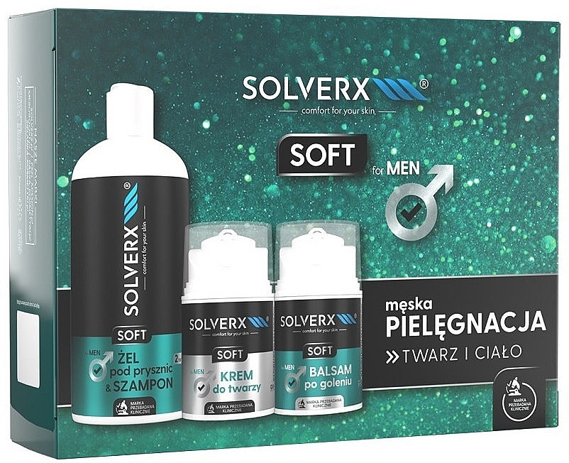 Gesichtspflegeset - Solverx Men Soft (After Shave Balsam 50ml + Gesichtscreme 50ml + Duschgel 400ml)  — Bild N1