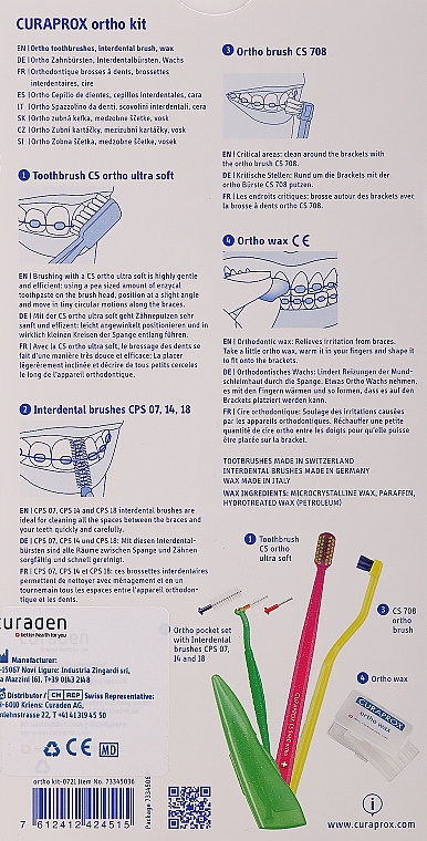 Set Variante 27 (hellgrün, orange) - Curaprox Ortho Kit (brush/1pcs + brushes 07,14,18/3pcs + UHS/1pcs + orthod/wax/1pcs + box) — Bild N2