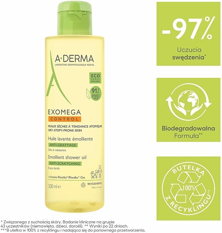 Erweichendes Gesichts- und Körperreinigungsöl für trockene und zu Atopie neigende Haut - A-Derma Exomega Control Emollient Cleansing Oil — Bild N2