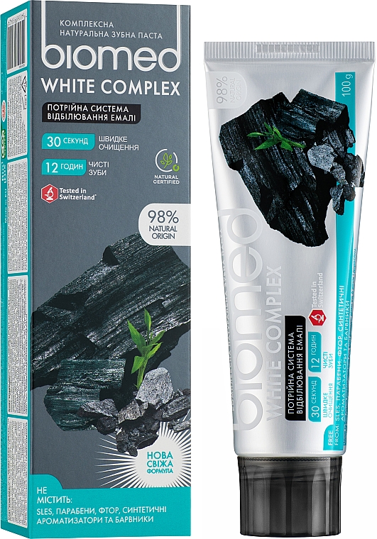 Natürliche und aufhellende Zahnpasta mit Aktivkohle, Bambus- und Holzkohle - Biomed White Complex