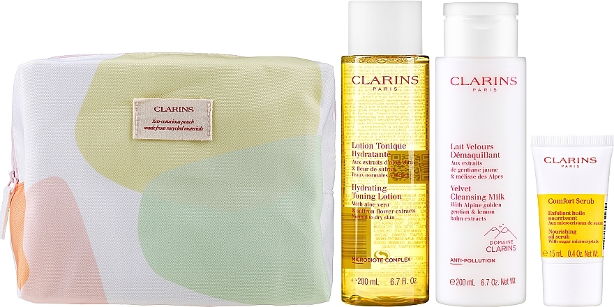 Gesichtspflegeset - Clarins Cleansing Essentials for Normal Skin (Gesichtsmilch 200ml + Gesichtslotion 200ml + Gesichtspeeling 15ml + Kosmetiktasche)  — Bild N2