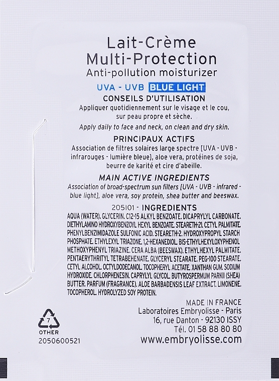 GESCHENK! Multischützende Gesichtscreme - Embryolisse Laboratories Multi-Protection Anti-Pollution Moisturizer SPF20 (Probe)  — Bild N2