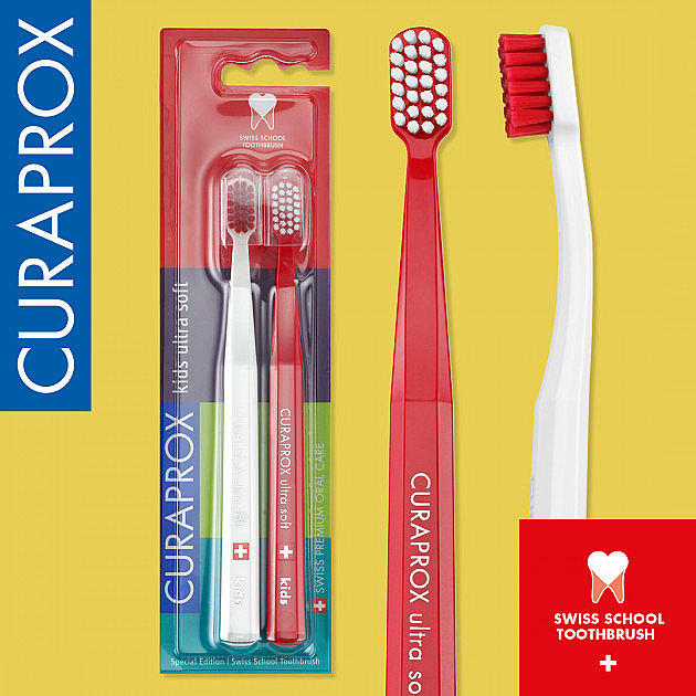 Kinderzahnbürste ultra weich rot, weiß 2 St. - Curaprox Kids Swiss School Toothbrush — Bild N3
