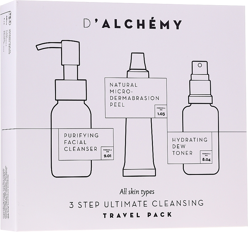 Gesichtspflegeset - D'Alchemy 3 Step Ultimate Cleansing Travel Pack (Gesichtstonikum 30ml + Mizellen-Reinigungswasser 50ml + Gesichtspeeling 15ml)