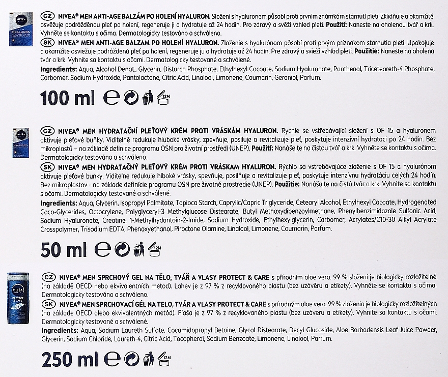 Set - Nivea Men Hyaluronic Anti-Age Essentials Kit (sh/gel/250ml + ash/balm/100ml + cr/50ml + pouch) — Bild N4