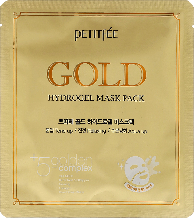 Feuchtigkeitsspendende Gesichtsmaske mit Hyaluronsäure und 9 Pflanzenextrakten - Petitfee & Koelf Gold Hydrogel Mask Pack +5 Golden Complex