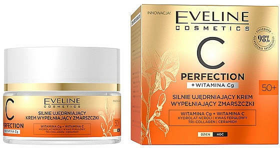 Straffende, feuchtigkeitsspendende und pflegende Gesichtscreme gegen Falten mit Vitamin C und Kollagen 50+ - Eveline Cosmetics C Perfection Strongly Firming Cream Filling Wrinkles — Bild N1