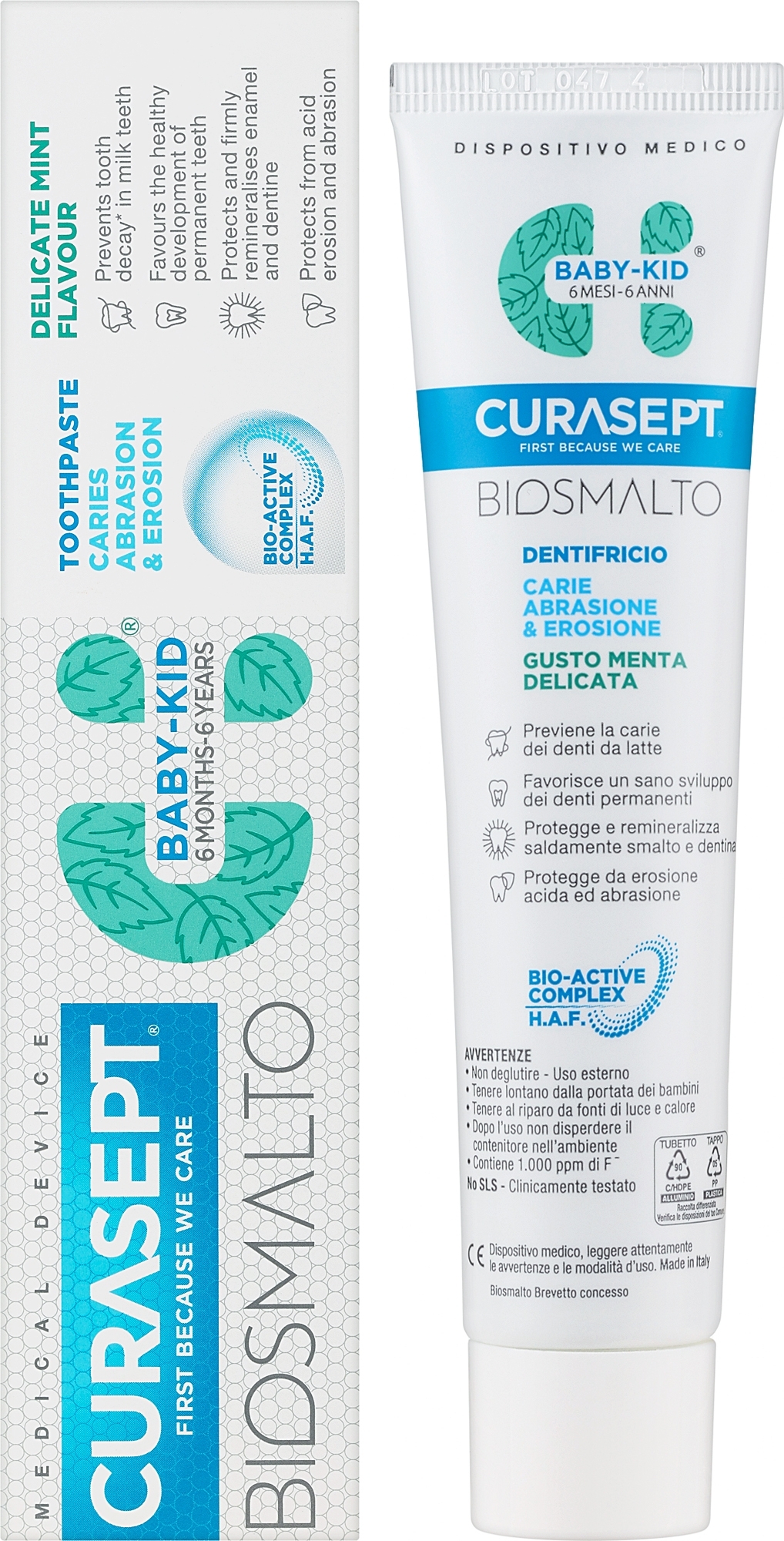 Zahnpasta für Kinder von 6 Monaten bis 6 Jahren mintgrün - Curaprox Curasept Biosmalto Baby-Kid Caries, Abrasion & Erosion Delicate Mint — Bild 50 ml