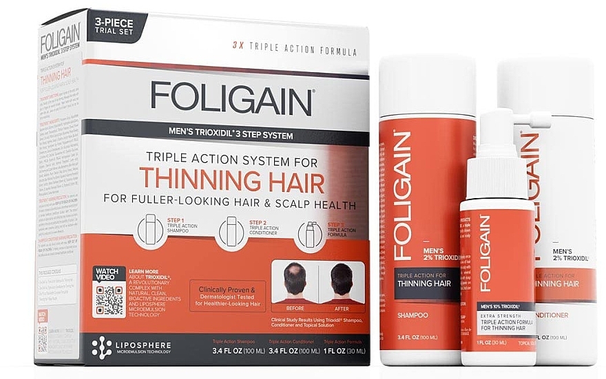 Set - Foligain Triple Action Hair Care System For Men (h/shm/100ml + h/cond/100ml + h/ser/30ml) — Bild N1