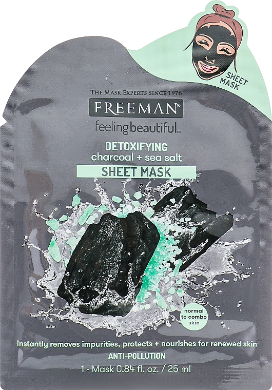Detox Tuchmaske für das Gesicht mit Aktivkohle und Meersalz - Freeman Detoxifying Sheet Mask — Bild N1