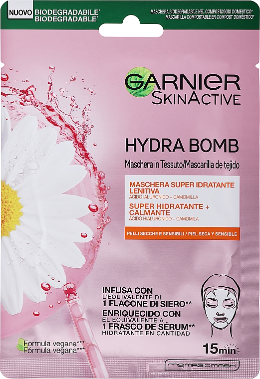 Intensiv feuchtigkeitsspendende und beruhigende Tuchmaske für das Gesicht mit Kamillenextrakt und Hyaluronsäure - Garnier Skin Naturals Hydra Bomb Tissue Mask Camomile — Bild N1