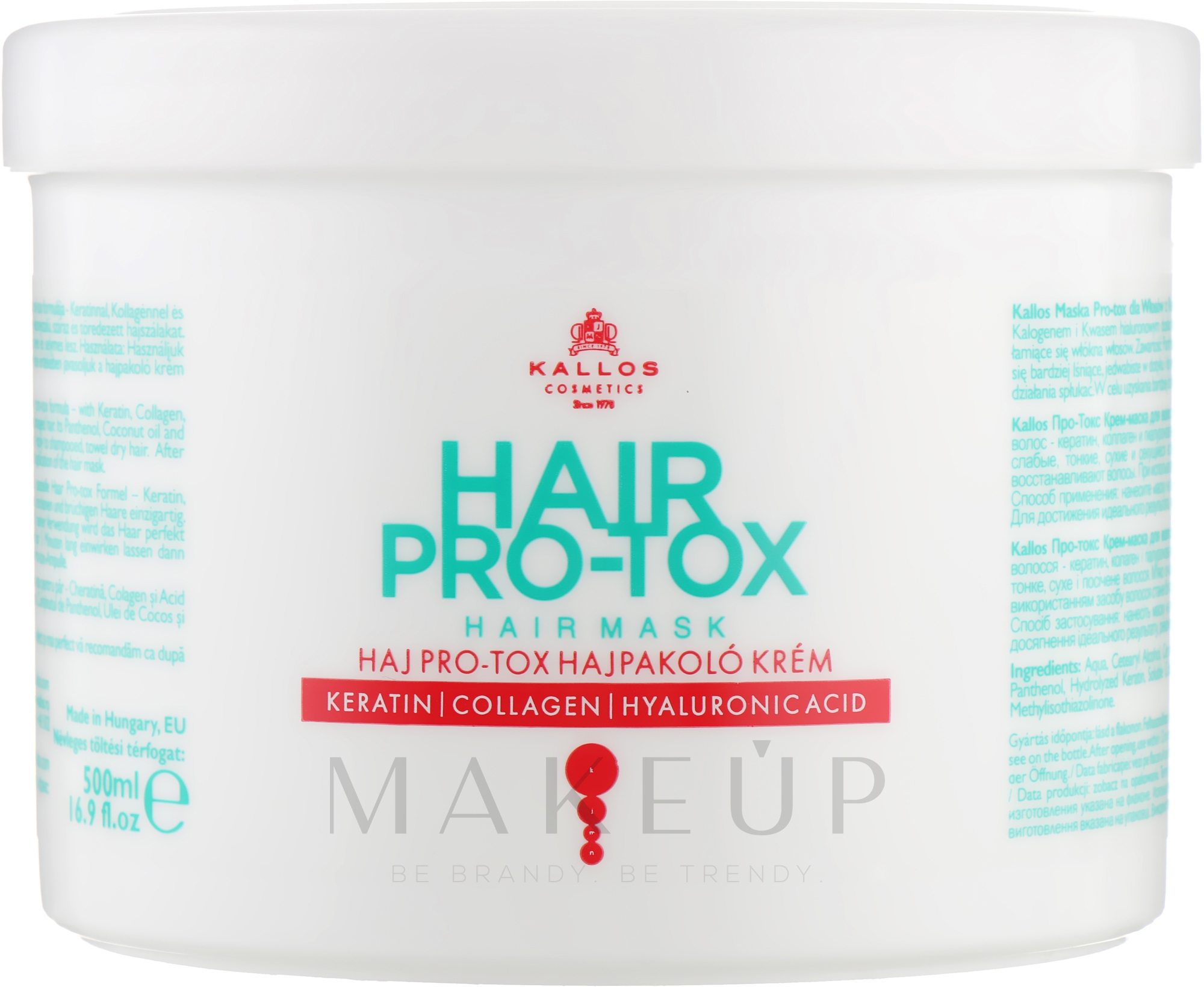 Haarmaske mit Keratin, Kollagen und Hyaluronsäure - Kallos Cosmetics Pro-Tox Hair Mask — Bild 500 ml