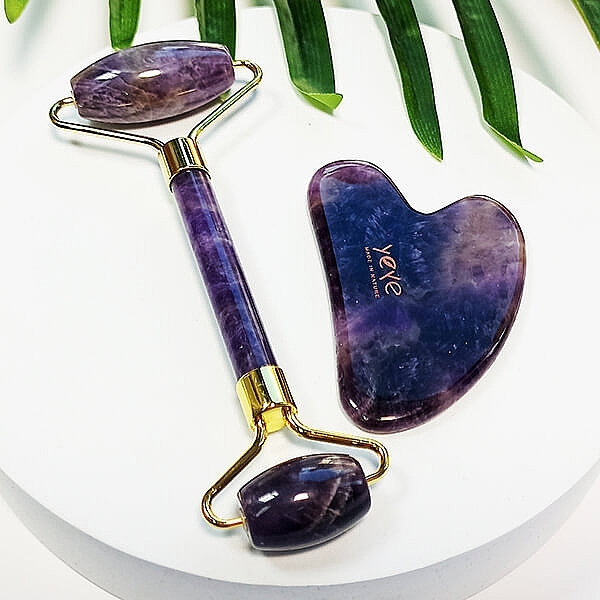 Massage-Set lila Amethyst - Yeye (Massageroller + Massageplatte Gua-Sha)  — Bild N2