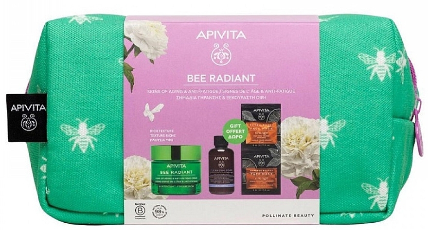 Abschminkpad-Set - Apivita Bee Radiant Signs Of Aging & Anti-Fatigue Rich Texture (foam/75 ml + f/cr/50ml + mask/2x8ml + pouch) — Bild N2