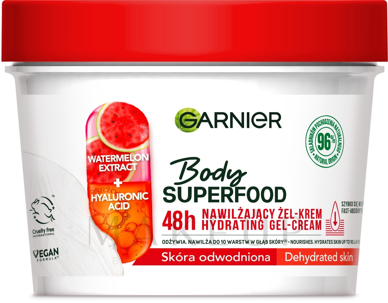 Körpergel-Creme für trockene Haut - Garnier Body SuperFood Watermelon & Hyaluronic Acid Hydrating Gel-Cream — Bild 380 ml