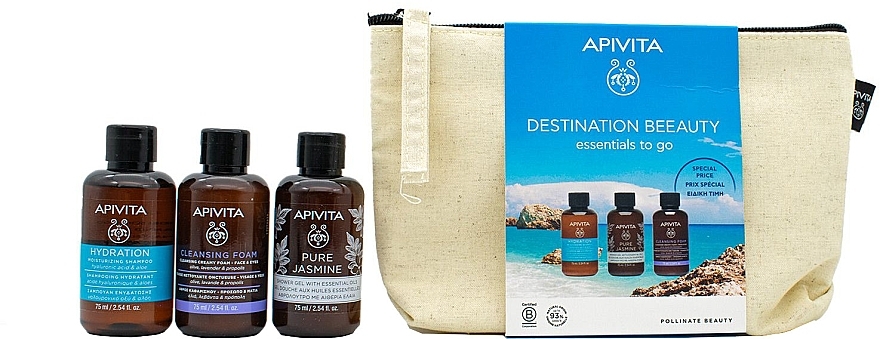 Abschminkpad-Set - Apivita Destination Beeauty Essentials To Go Set (shm/75ml + sh/gel/75ml + f/foam/75ml + bag) — Bild N1