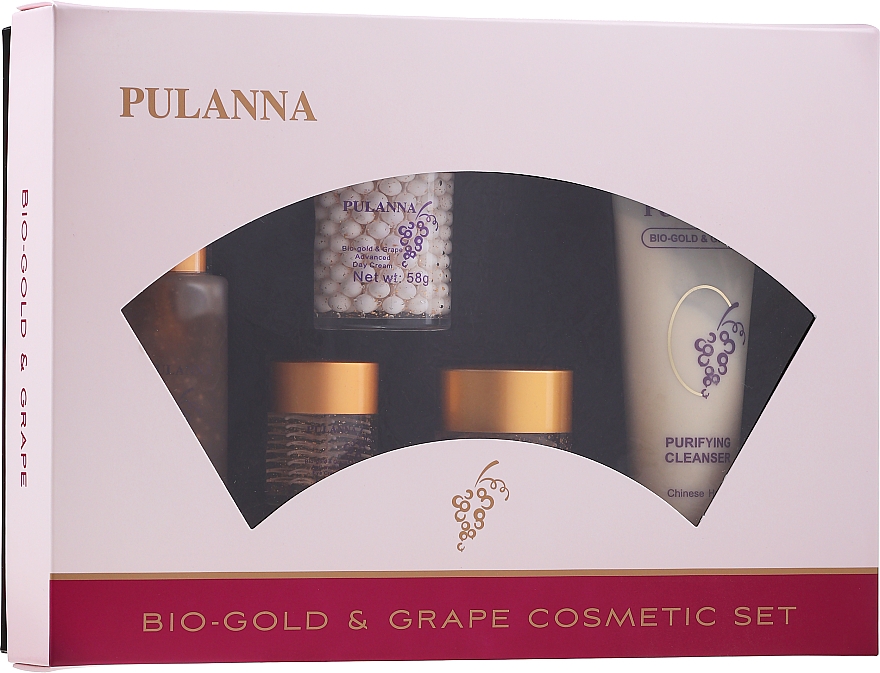 Gesichtspflegeset - Pulanna Bio-gold & Grape (Tages- und Nachtcreme für das Gesicht 2x58g + Augencreme 21g + Gesichtstonikum 90g + Gesichtsmilch 90g) — Foto N1