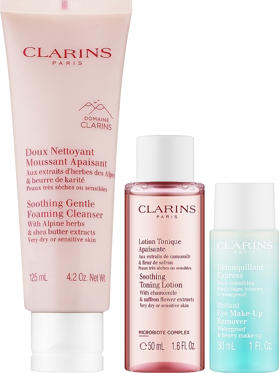Set für trockene und empfindliche Haut - Clarins (Reinigungsschaum 125ml + Gesichtslotion 50ml + Make-up Entferner 30ml)  — Bild N3