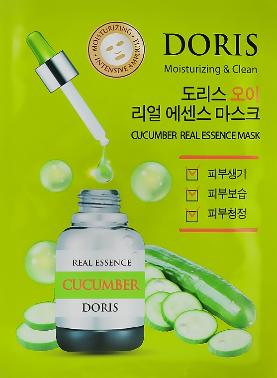 Feuchtigkeitsspendende und erfrischende Tuchmaske für das Gesicht mit Gurkenextrakt - Doris Cucumber Real Essence Mask — Bild N1