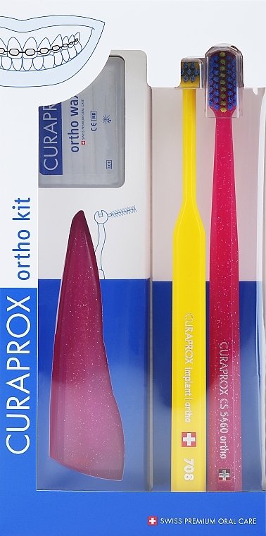 Zahnpflegeset Variante 40 (rosa, gelb, rosa) - Curaprox Ortho Kit (Zahnbürste 1 St. + Zahnbürsten 07,14,18/3 St. + UHS 1 St. + Orthodontic Wax 1 St. + Box) — Bild N1