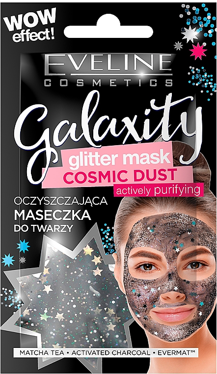 Intensiv reinigende Gesichtsmaske mit Matcha-Tee und Aktivkohle und Glitzerpartikeln - Eveline Cosmetics Galaxity Glitter Mask