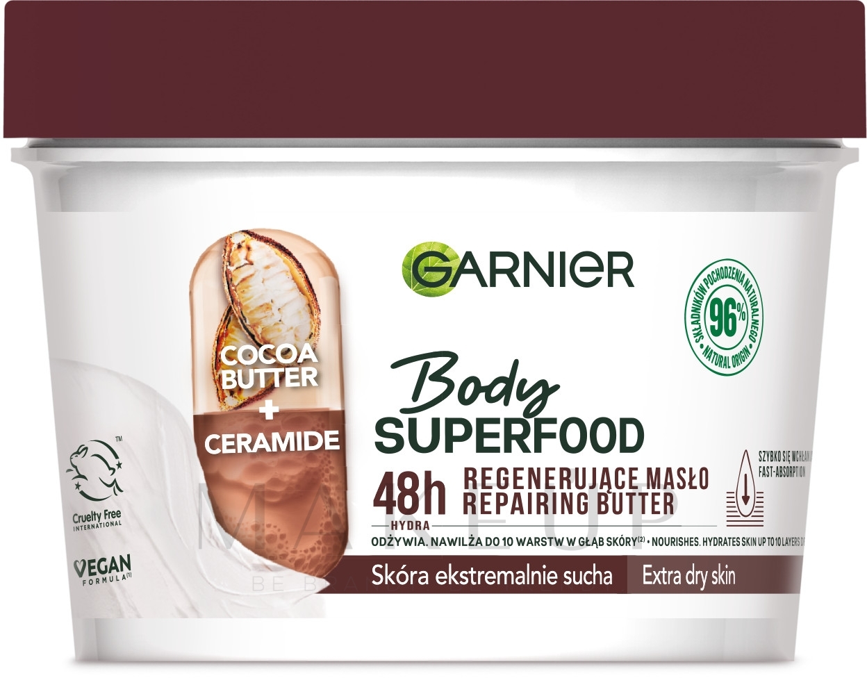 Körperbutter für trockene Haut - Garnier Body SuperFood Cocoa & Ceramide Repairing Butter — Bild 380 ml