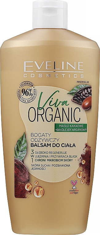 Reichhaltige pflegende Körperlotion mit Kakaobutter und Arganöl - Eveline Cosmetics Viva Organic Cacao Oil And Argan Oil — Bild N1