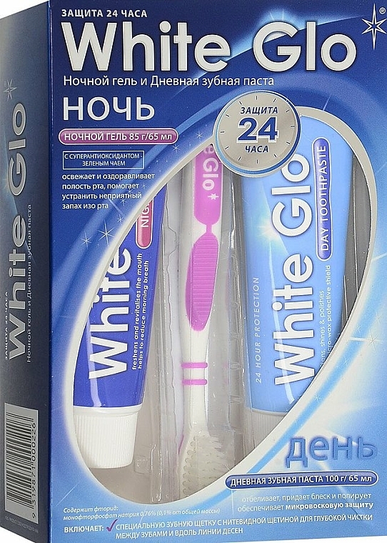 Zahnpflegeset - White Glo Night & Day Toothpaste (Zahnpasta 65ml + Zahngel 65ml + Zahnbürste) — Bild N1