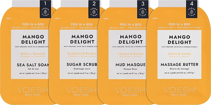 4-stufige Mango Delight Fußpflege - Voesh Deluxe Pedicure Mango Delight In A Box 4in1 (1. Meer Badesalz, 2. Zuckerpeeling, 3. Schlammmaske, 4. Massagebutter)(35g) — Bild N2