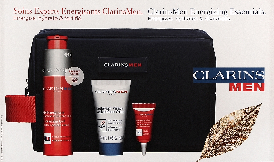 Gesichts- und Körperpflegeset - Clarins Men Energizing Essentials (Gesichtsgel 50ml + Augengel 3ml + Schäumendes Gel 30ml + Serum (Probe) 0.9ml + Kosmetiktasche) — Bild N2