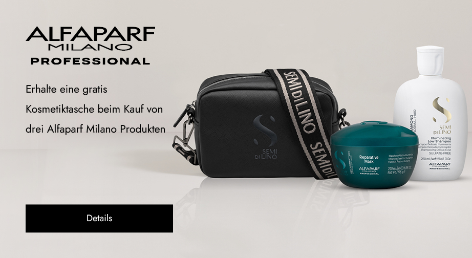 Erhalte eine gratis Kosmetiktasche beim Kauf von drei Alfaparf Milano Produkten