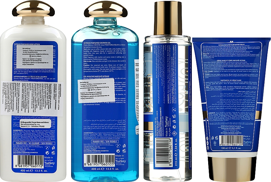 Körperpflegeset - Moira Cosmetics Mediterranean (Duschgel 400ml + Körperlotion 400ml + Körpernebel 215ml + Hand- und Körpercreme 150ml) — Bild N3