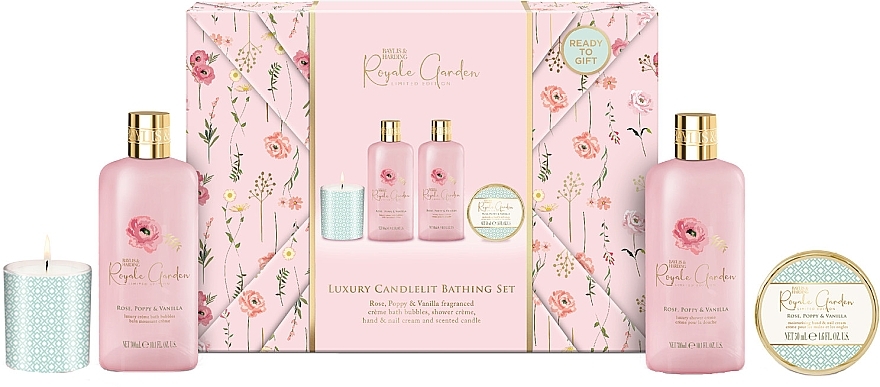 Set (Duschcreme 300ml + Handcreme 50ml + Badeschaum 300ml + Kerze 60g) - Baylis & Harding Royale Garden Rose, Poppy & Vanilla Gift Wrapped Candletlit Gift Set — Bild N1