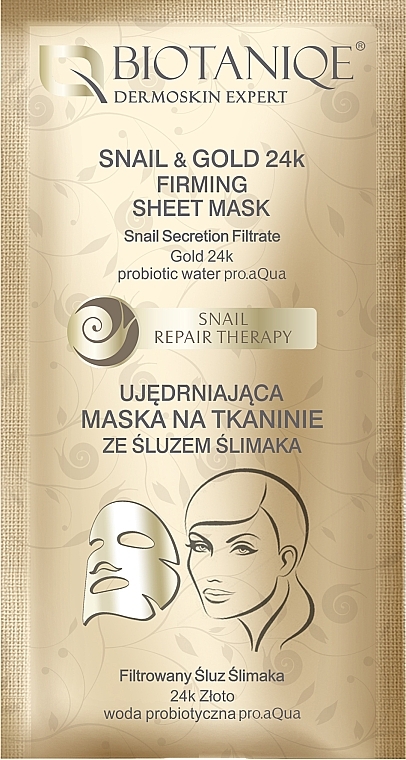 Straffende Tuchmaske für das Gesicht - Biotaniqe Snail Repair Therapy Snail & Gold 24K Firming Sheet Mask — Bild N1
