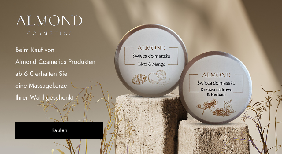 Beim Kauf von Almond Cosmetics Produkten ab 6 € erhalten Sie eine Massagekerze Ihrer Wahl geschenkt: Zeder und Tee oder Litschi und Mango