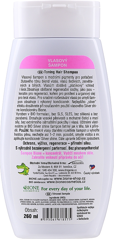 Shampoo mit blauen Pigmenten gegen Gelbstich für blondes, graues und weißes Haar mit Koffein, Keratin und Arganöl - Bione Cosmetics Bio Silver Shine Shampoo — Bild N2