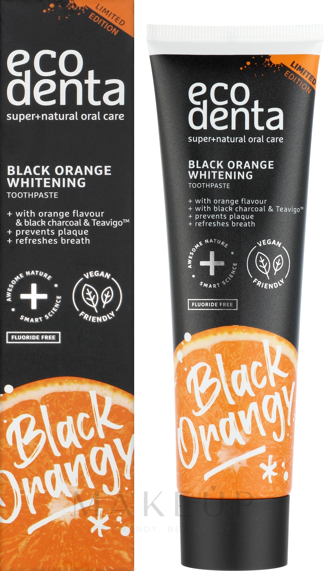 Aufhellende Zahnpasta mit Aktivkohle und Orangengeschmack fluoridfrei - Ecodenta Black Orange Whitening Toothpaste — Bild 100 ml