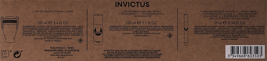 Paco Rabanne Invictus - Duftset (Eau de Toilette 100ml + Deospray 150ml + Eau de Toilette 10ml) — Bild N3