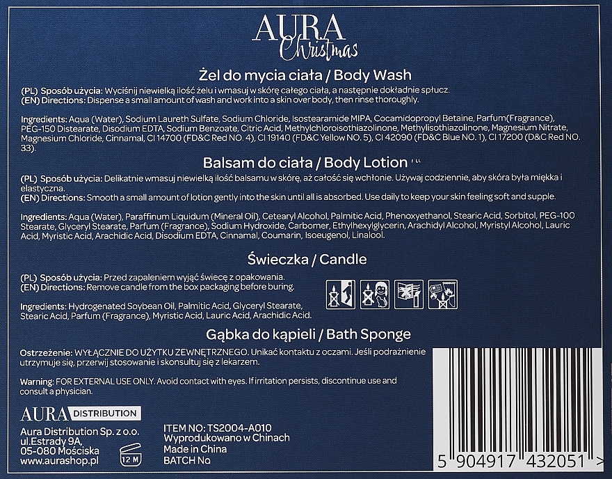 Körperpflegeset - Aura Cosmetics Christmas Bath Set (Duschgel 180ml + Körperlotion 180ml + Duftkerze 1 St. + Badeschwamm 1 St.) — Bild N2