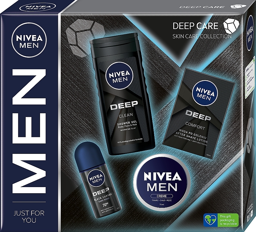 NIVEA MEN Deep Care - Gesichtspflegeset (Deo Roll-on 50ml + Creme 75ml + Duschgel 250ml + After Shave Lotion 100ml) — Bild N1
