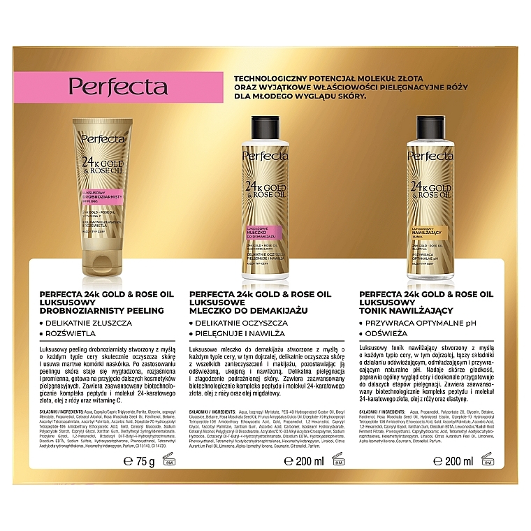 Set - Perfecta 24k Gold & Rose Oil (Tonikum 20 ml + Körpermilch 200 ml+ Peeling 75 g) — Bild N2