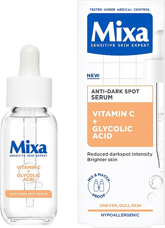 Serum mit Vitamin C und Glykolsäure für strahlendes Aussehen bei matter, empfindlicher Gesichtshaut - Mixa Sensitive Skin Expert Serum gegen dunkle Flecken — Bild N1