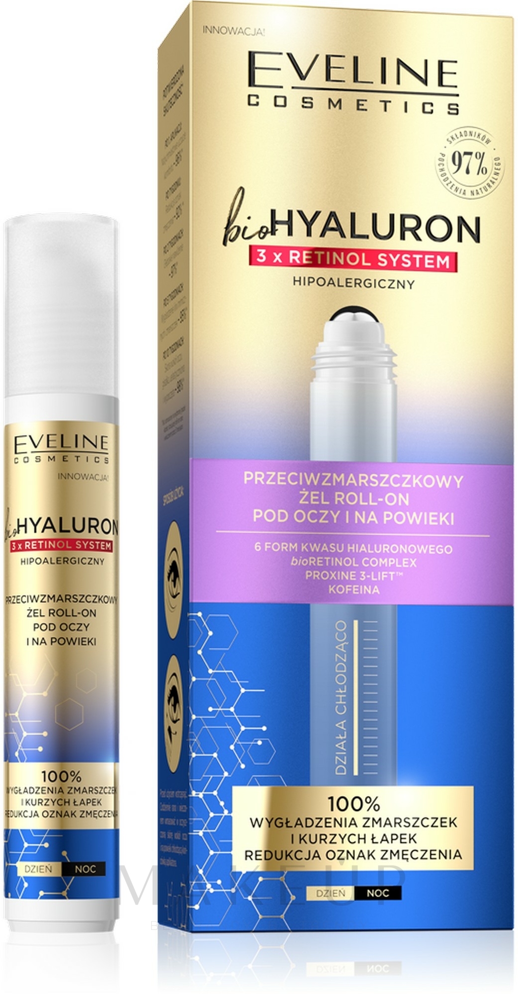 Roll-on Augengel gegen Falten - Eveline Cosmetics BioHyaluron 3x Retinol System Gel Roll-On — Bild 15 ml
