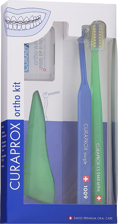 Zahnpflegeset für Spangenträger, Variante 7 (grün, blau) - Curaprox Ortho Kit (Zahnbürste 1St. + Interdentalbürsten 07,14,18 mit Plastikhalter 3 St. + Aufbewahrungsbox 1 St. + Einbüschelbürste 1St. + Ortho-Wachs 1St.) — Bild N1