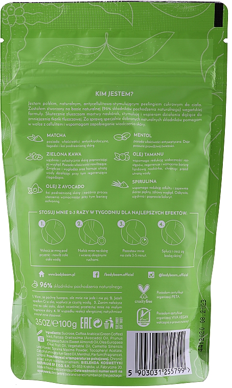 Anti-Cellulite Zuckerpeeling für den Körper mit Matcha, grünem Kaffee, Spirulina und Menthol - BodyBoom Body Scrub — Bild N2
