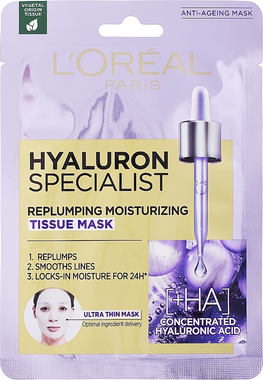Feuchtigkeitsspendende und erfrischende Tuchmaske für das Gesicht mit Hyaluronsäure - L'Oreal Paris Hyaluron Expert Replumping Moisturizing Mask — Bild N1