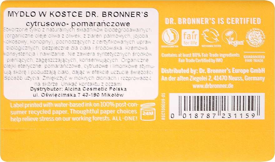 Seife Zitrus und Orange - Dr. Bronner’s Pure Castile Bar Soap Citrus & Orange — Bild N2