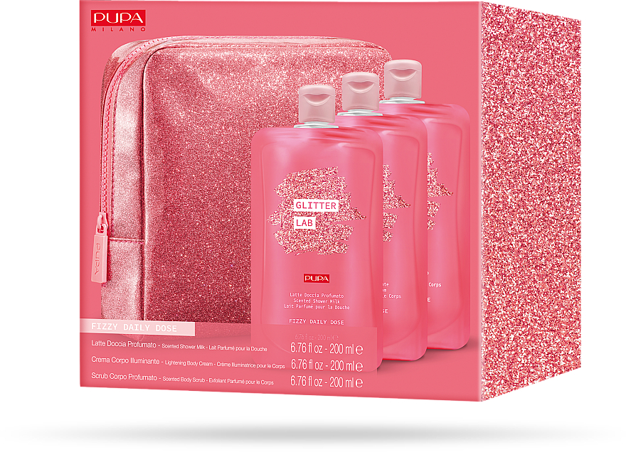 Körperpflegeset - Pupa Glitter Lab Frizzy Daily Dose (Kosmetiktasche + Duschmilch 200ml + Körpercreme 200ml + Körperpeeling 200ml) — Bild N2